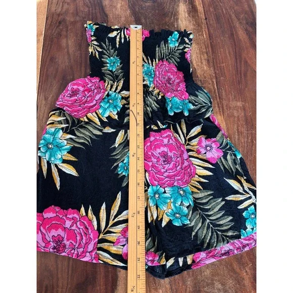 Women's Billabong Strapless Romper Hawaiian Print on black ruched bodice Sz Xs - Picture 5 of 9